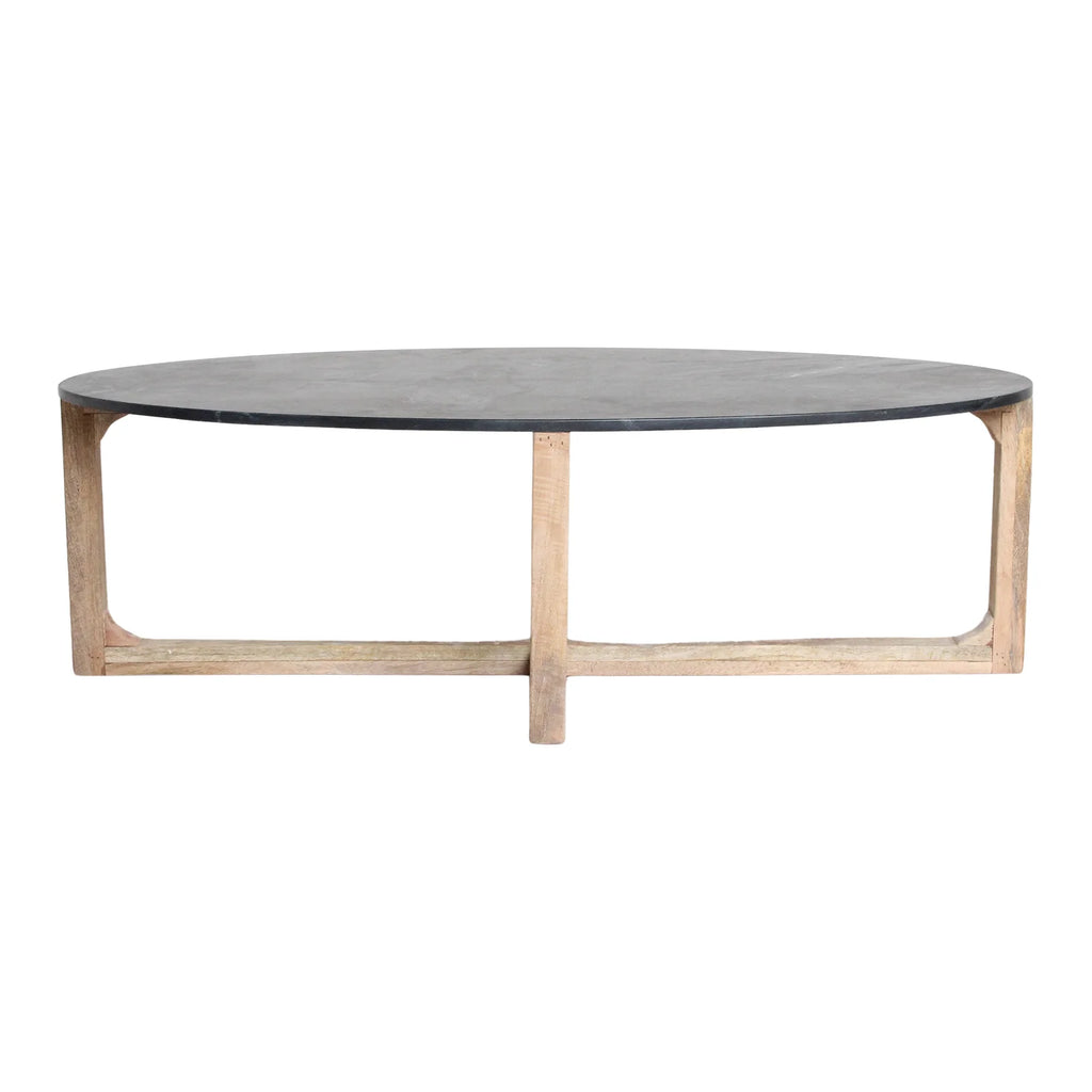 Table basse ovale en marbre noir et bois clair croisé 120x60 cm