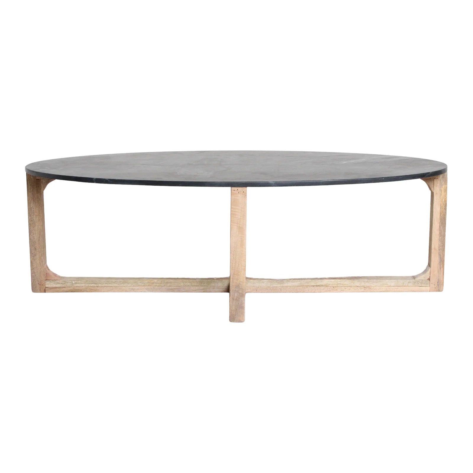 Table basse ovale en marbre noir et bois clair croisé 120x60 cm