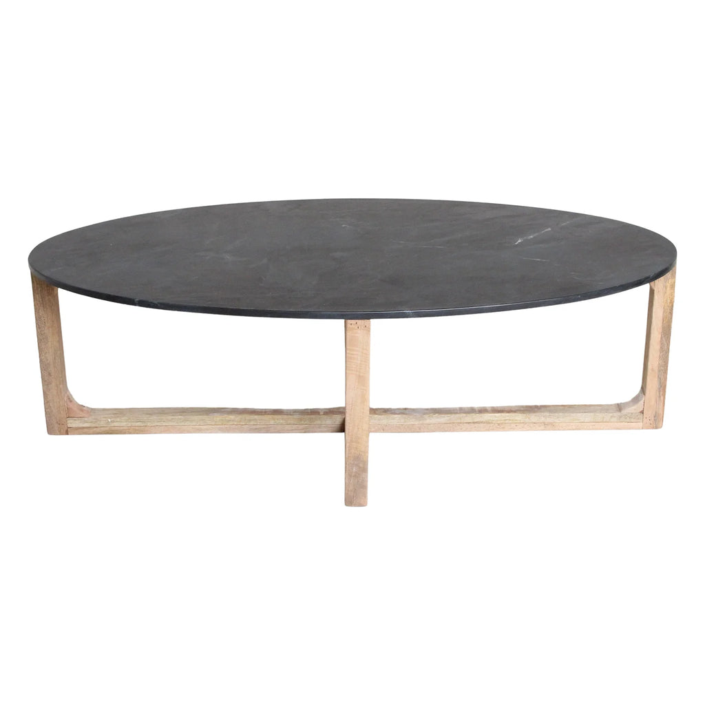 Table basse ovale en marbre noir et bois clair croisé, 120x60 cm