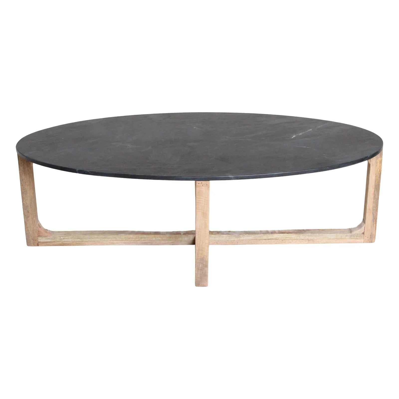 Table basse ovale en marbre noir et bois clair croisé, 120x60 cm