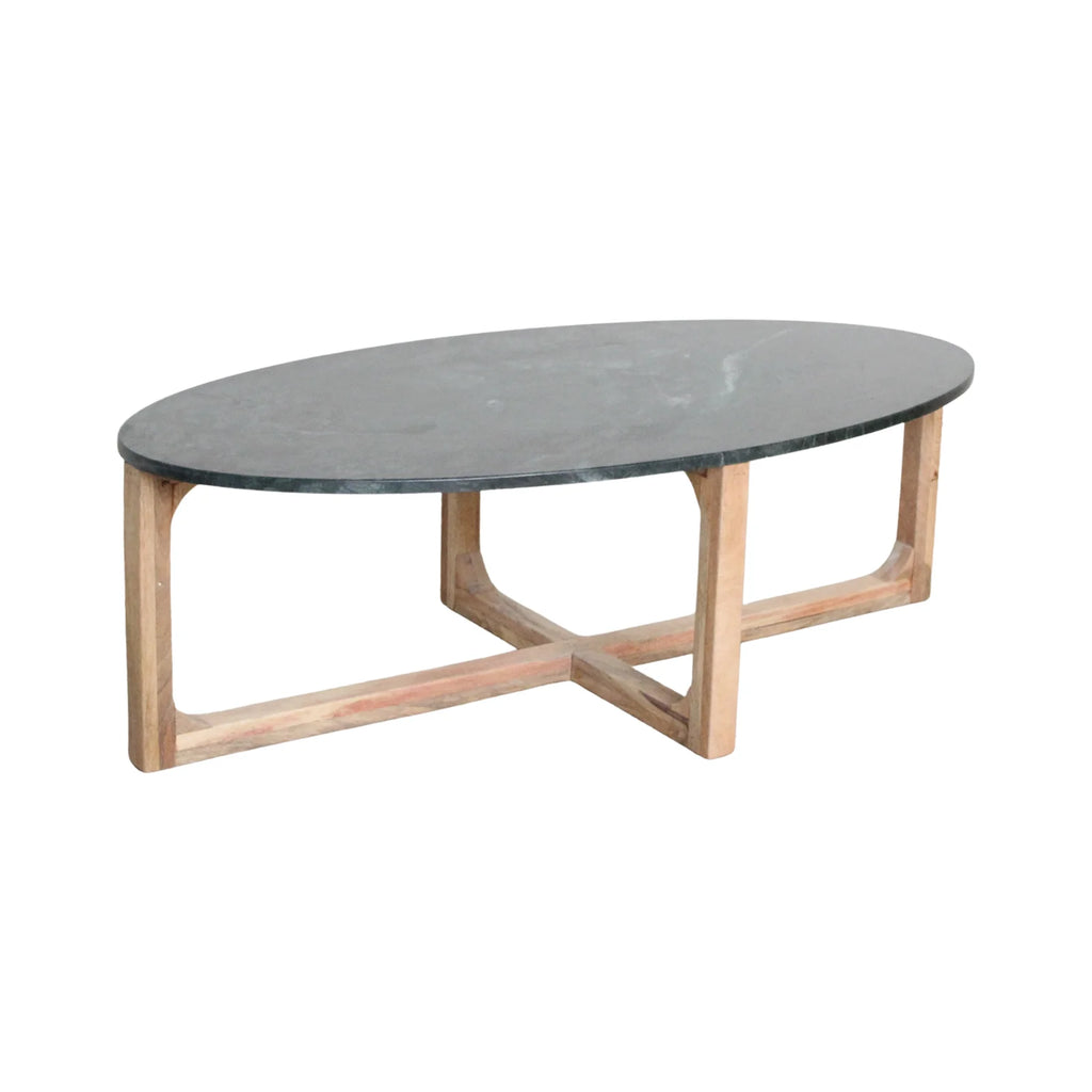 Table basse ovale en marbre noir et bois naturel 120x60 cm