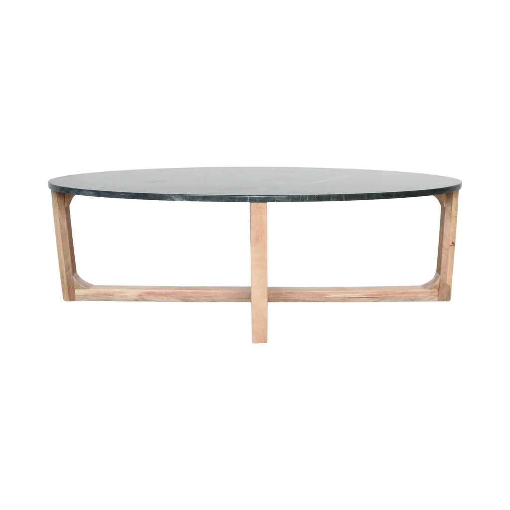Table basse ovale minimaliste en marbre noir et bois clair, 120x60 cm