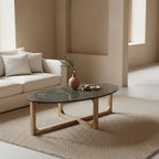 Table basse ovale en marbre vert foncé et bois clair, 120x60 cm