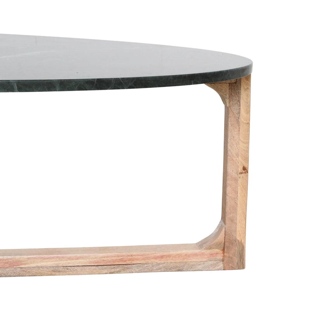 Table basse ovale en marbre vert foncé et bois clair, 120x60 cm