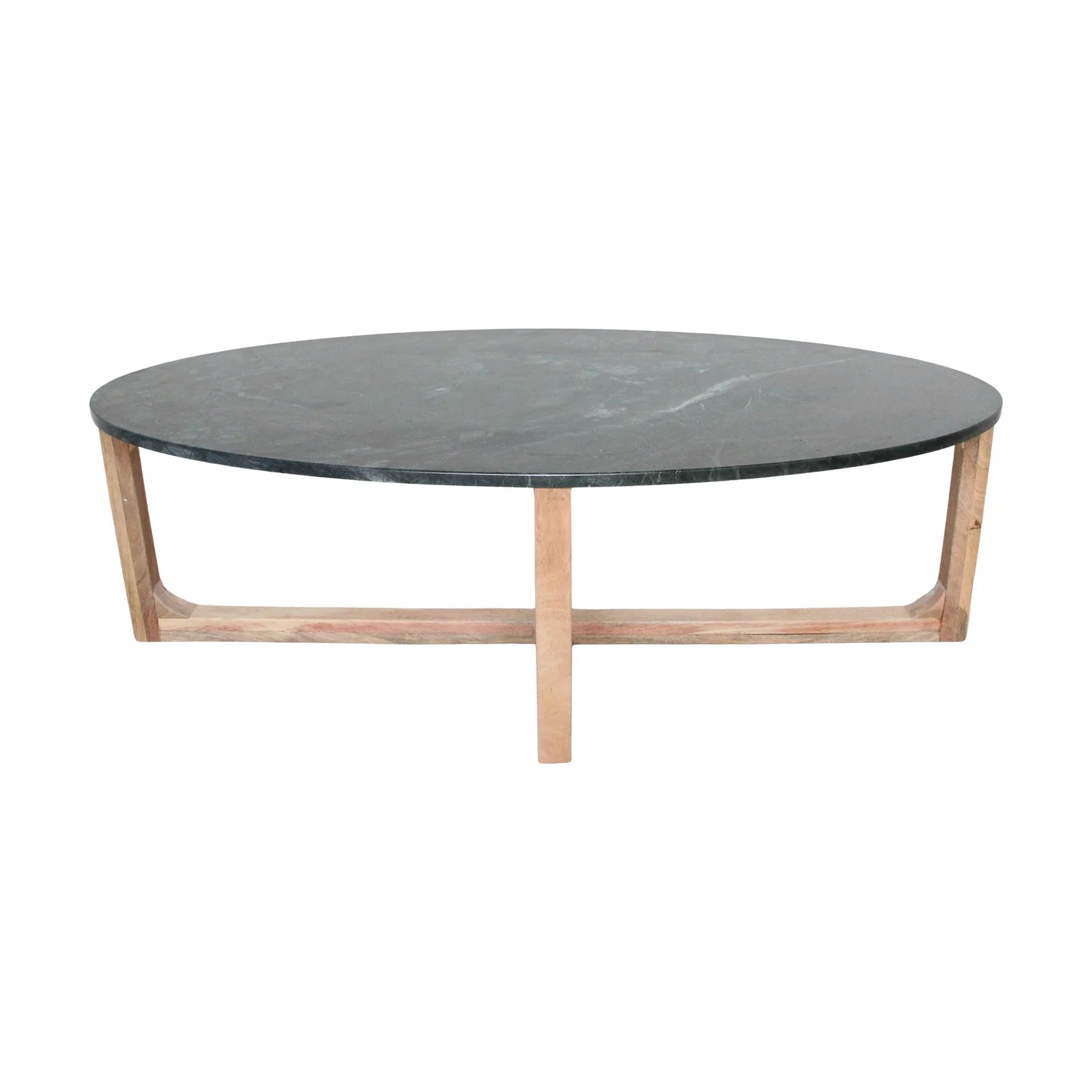 Table basse ovale en marbre vert foncé et bois clair 120x60 cm