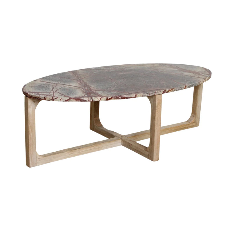 Table basse ovale en marbre veiné rouge et bois clair – 120x60 cm