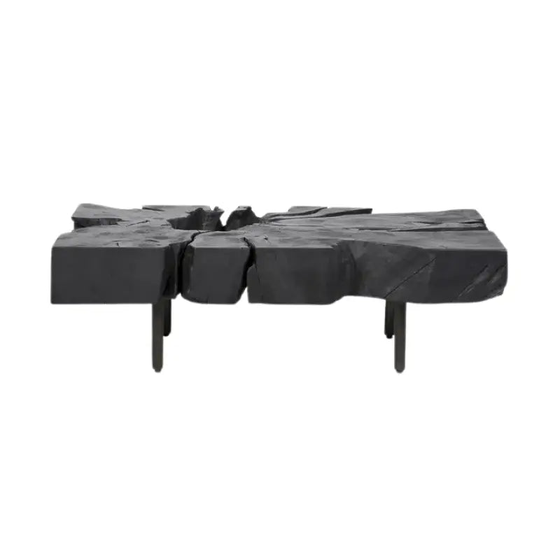 Vue latérale de la table basse en racine de teck noire, montrant son design moderne et minimaliste.