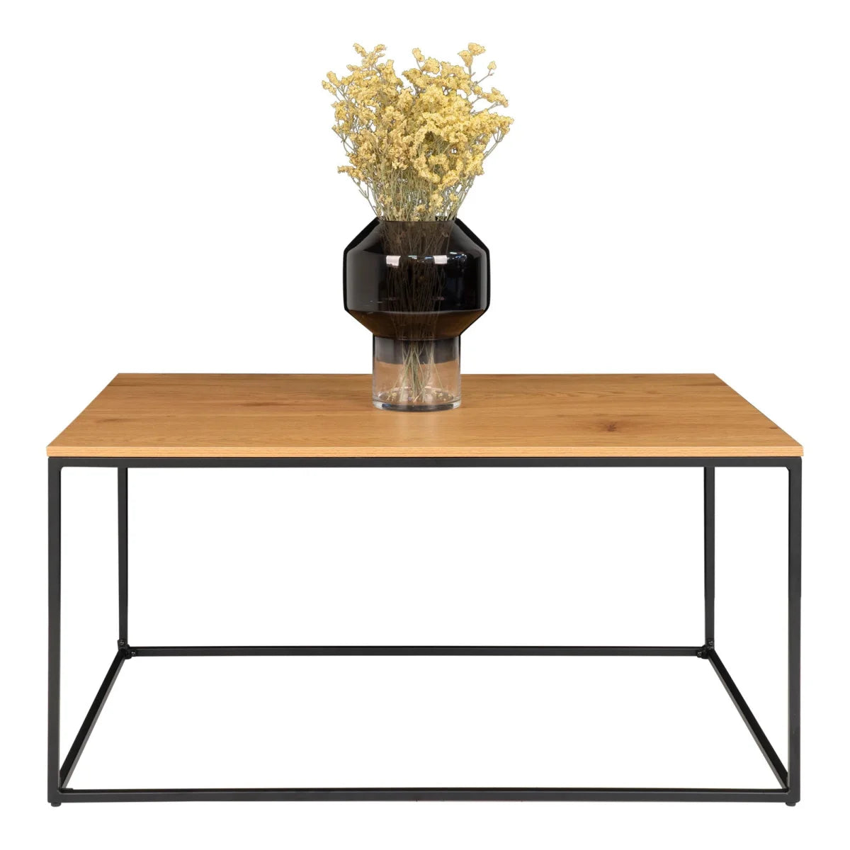 Vase en verre noir et clair géométrique avec fleurs jaunes séchées