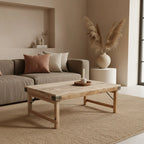 Table basse rectangulaire en bois clair naturel avec renforts métalliques, 120x75 cm