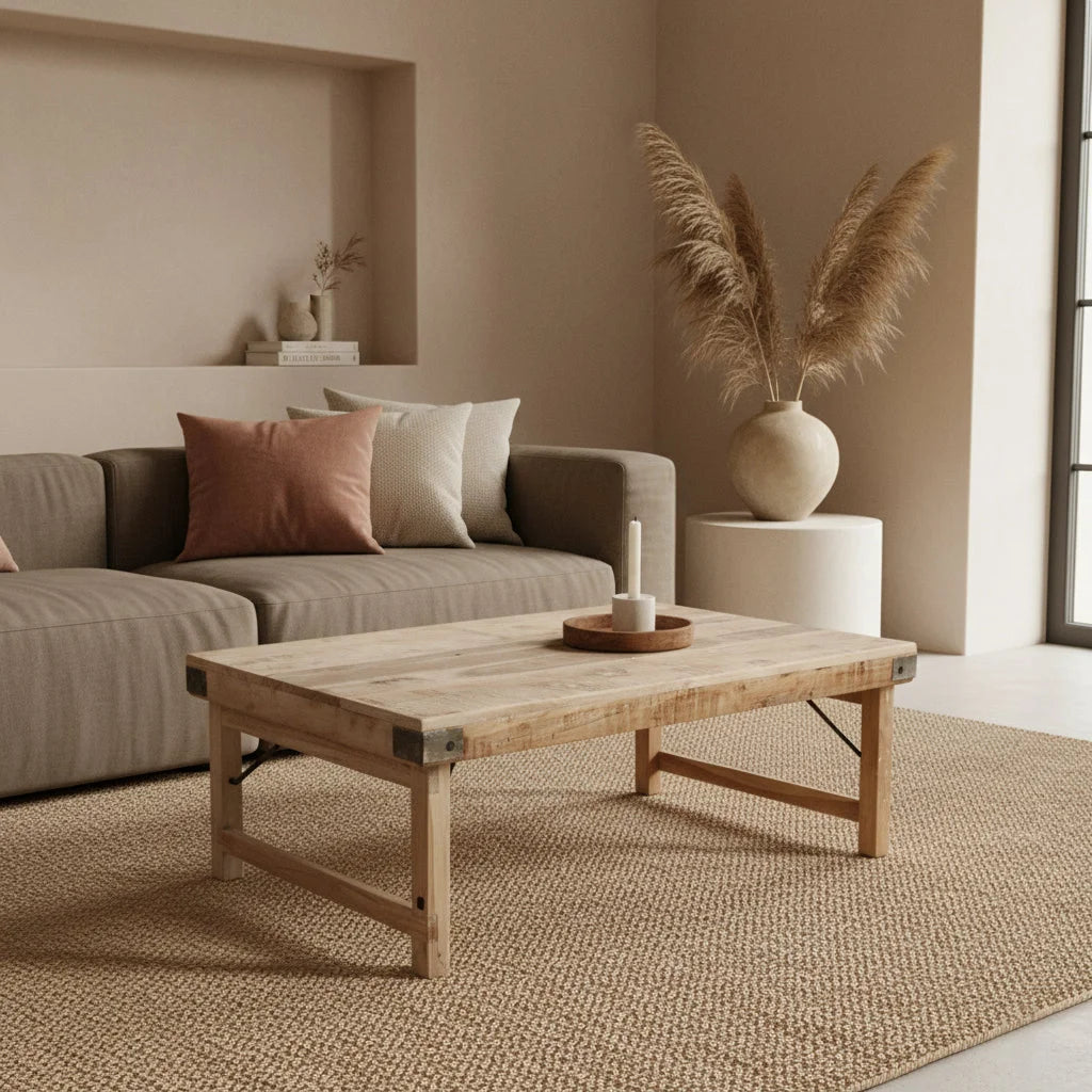 Table basse rectangulaire en bois clair naturel avec renforts métalliques, 120x75 cm