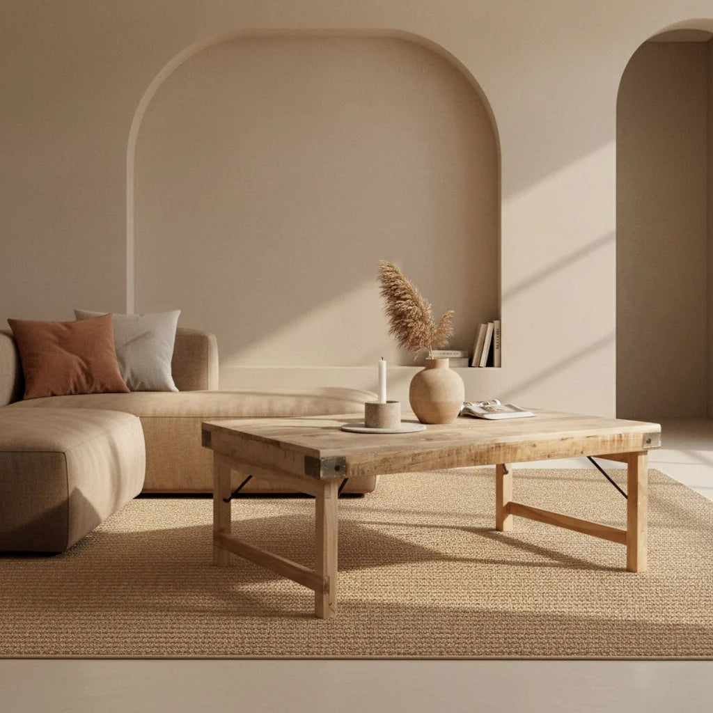 Table basse rectangulaire en bois naturel avec renforts métalliques, 120x75 cm