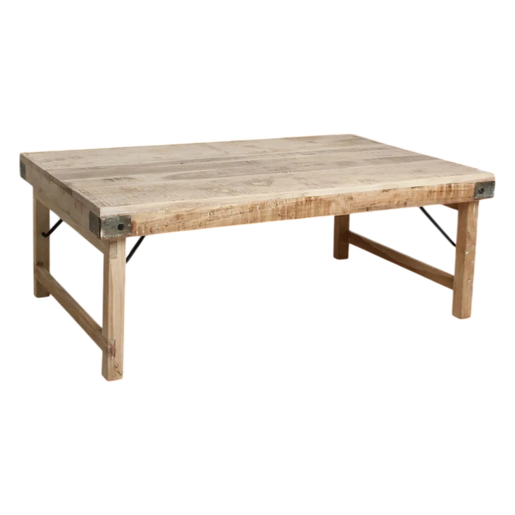 Table basse rectangulaire en bois récupéré avec renforts métalliques 120x75 cm