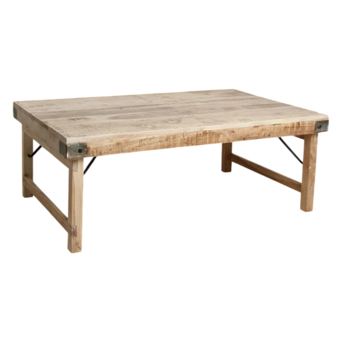 Table basse rectangulaire en bois récupéré avec renforts métalliques 120x75 cm