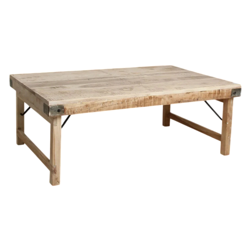 Table basse rectangulaire en bois naturel avec renforts métalliques – 120x75 cm