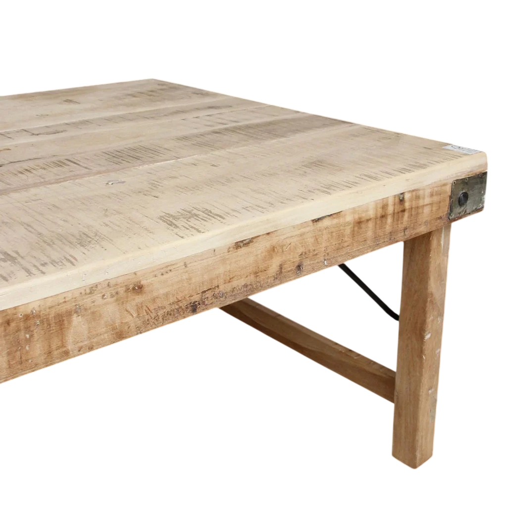 Table basse rectangulaire en bois recyclé naturel avec renforts métalliques, 120x75 cm
