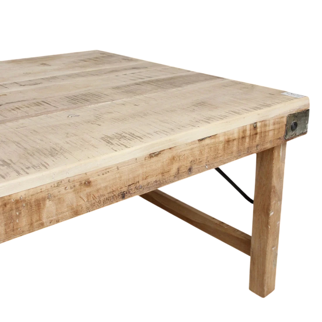 Table basse rectangulaire en bois recyclé naturel avec renforts métalliques, 120x75 cm