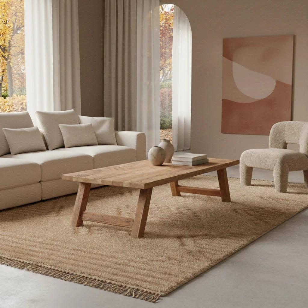 Table basse rectangulaire en bois recyclé brut miel, 140x65 cm