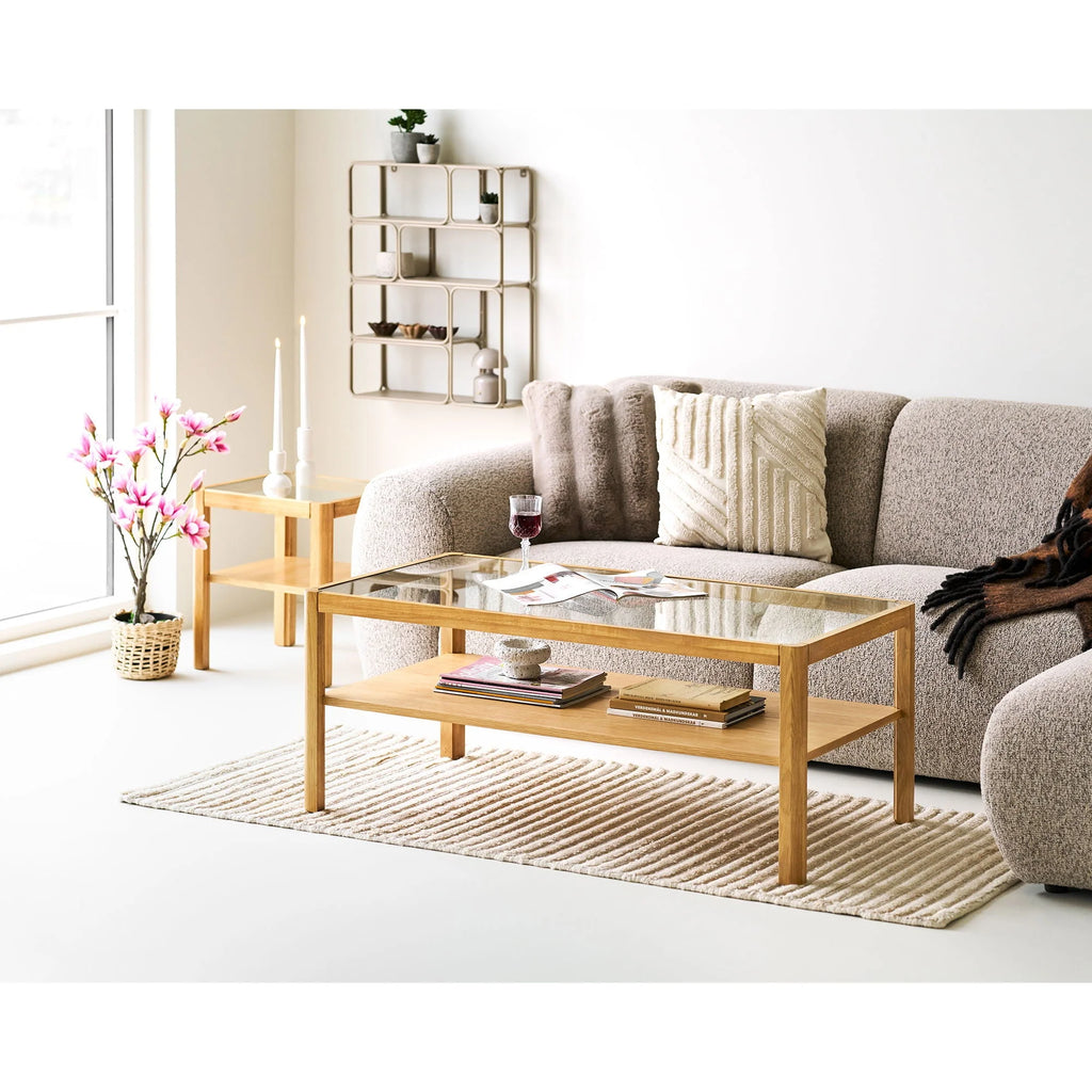 Table basse rectangulaire chêne clair verre trempé 110x60 cm