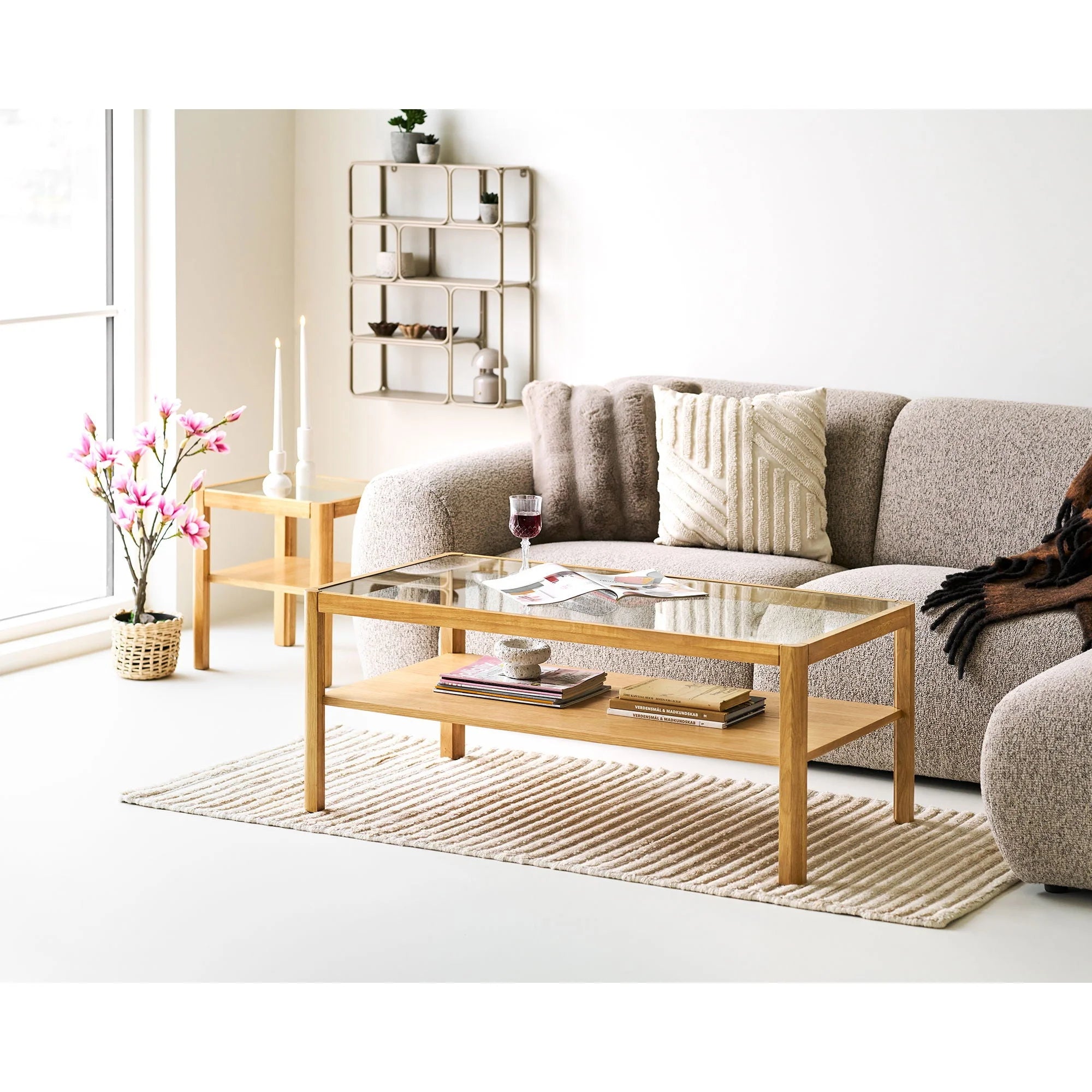 Table basse rectangulaire chêne clair verre trempé 110x60 cm