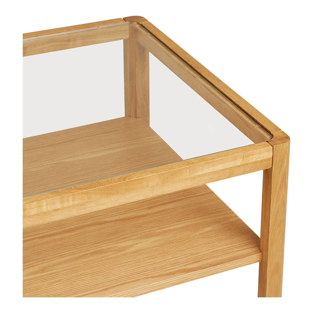 Table basse rectangulaire chêne clair et verre trempé, 110x60 cm