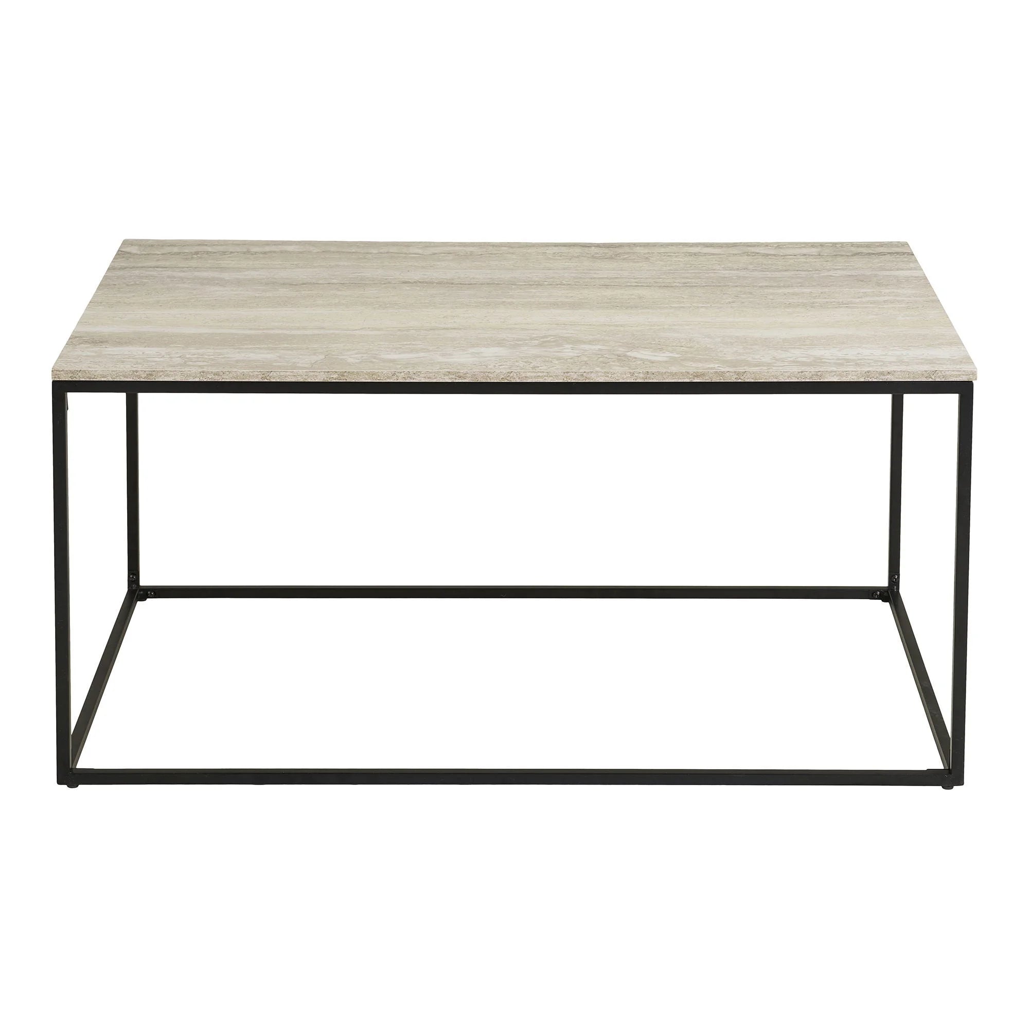 Table basse rectangulaire en effet travertin beige avec cadre en métal noir 90x60 cm