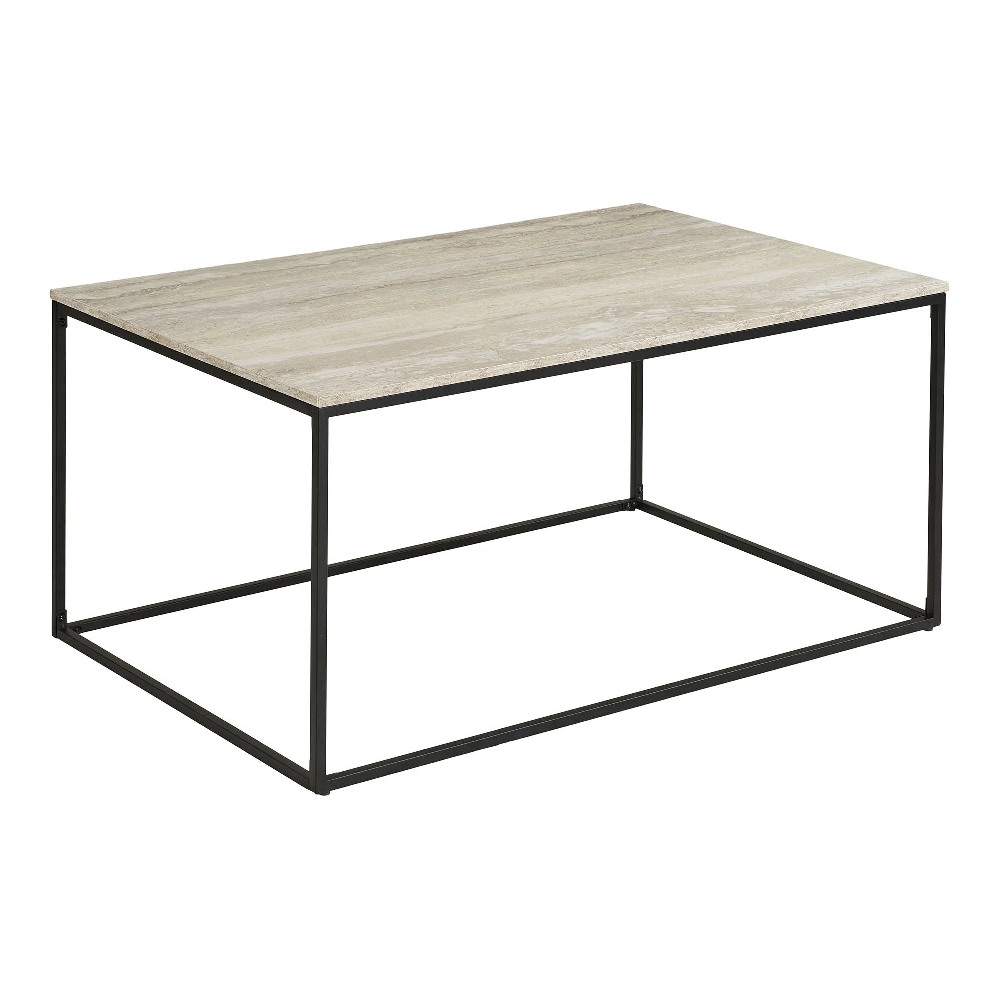 Table basse rectangulaire effet travertin beige avec cadre en métal noir 90x60 cm
