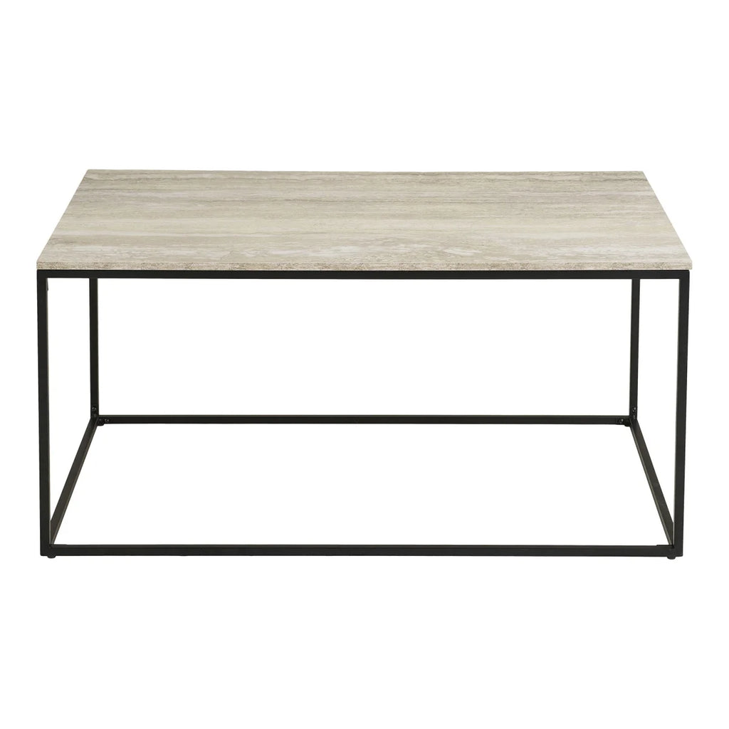 Table basse rectangulaire beige effet travertin, métal noir 90x60 cm
