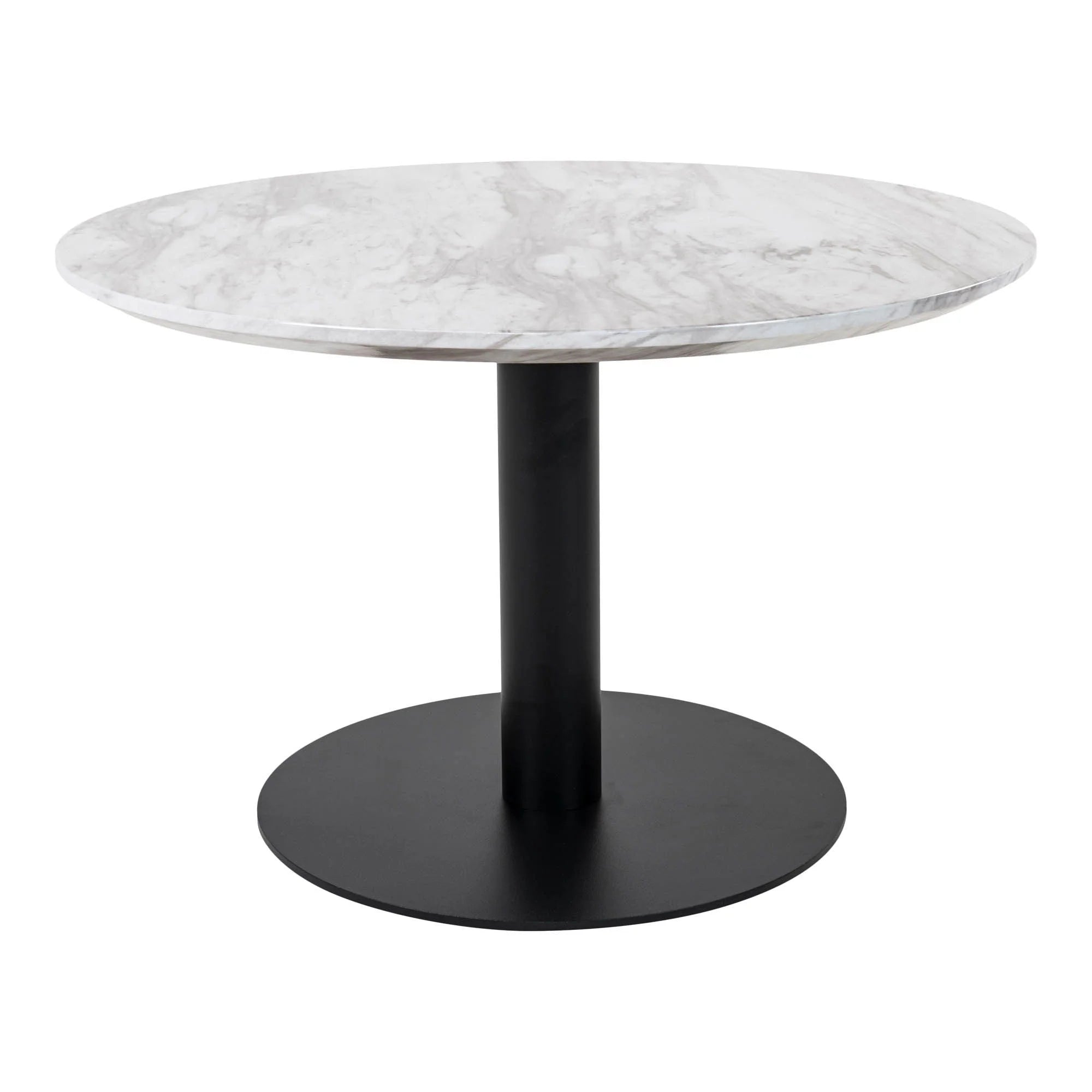 Table basse ronde aspect marbre avec pied central noir, diamètre 70 cm
