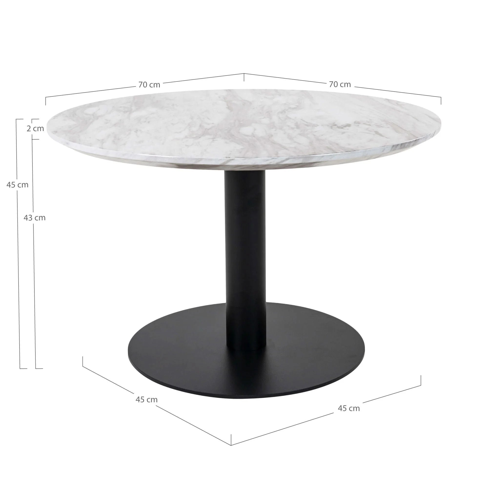 Table basse ronde avec plateau aspect marbre et pied central noir de 70 cm de diamètre
