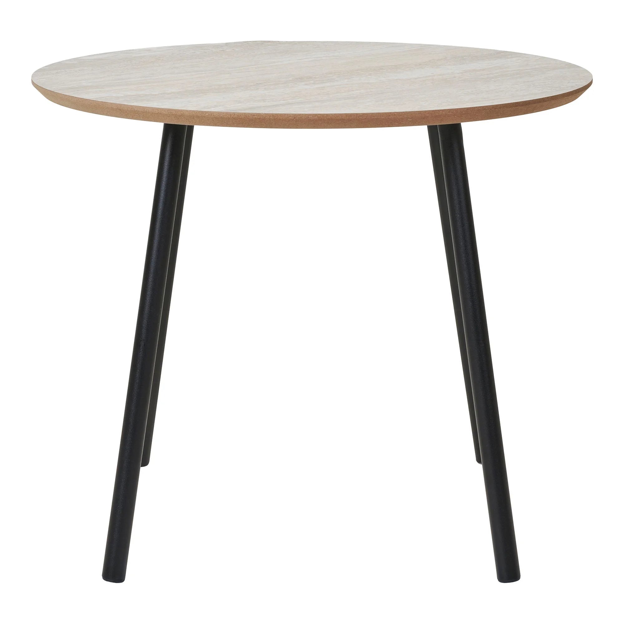 Table basse ronde en travertin avec pieds noirs en métal, diamètre 55 cm
