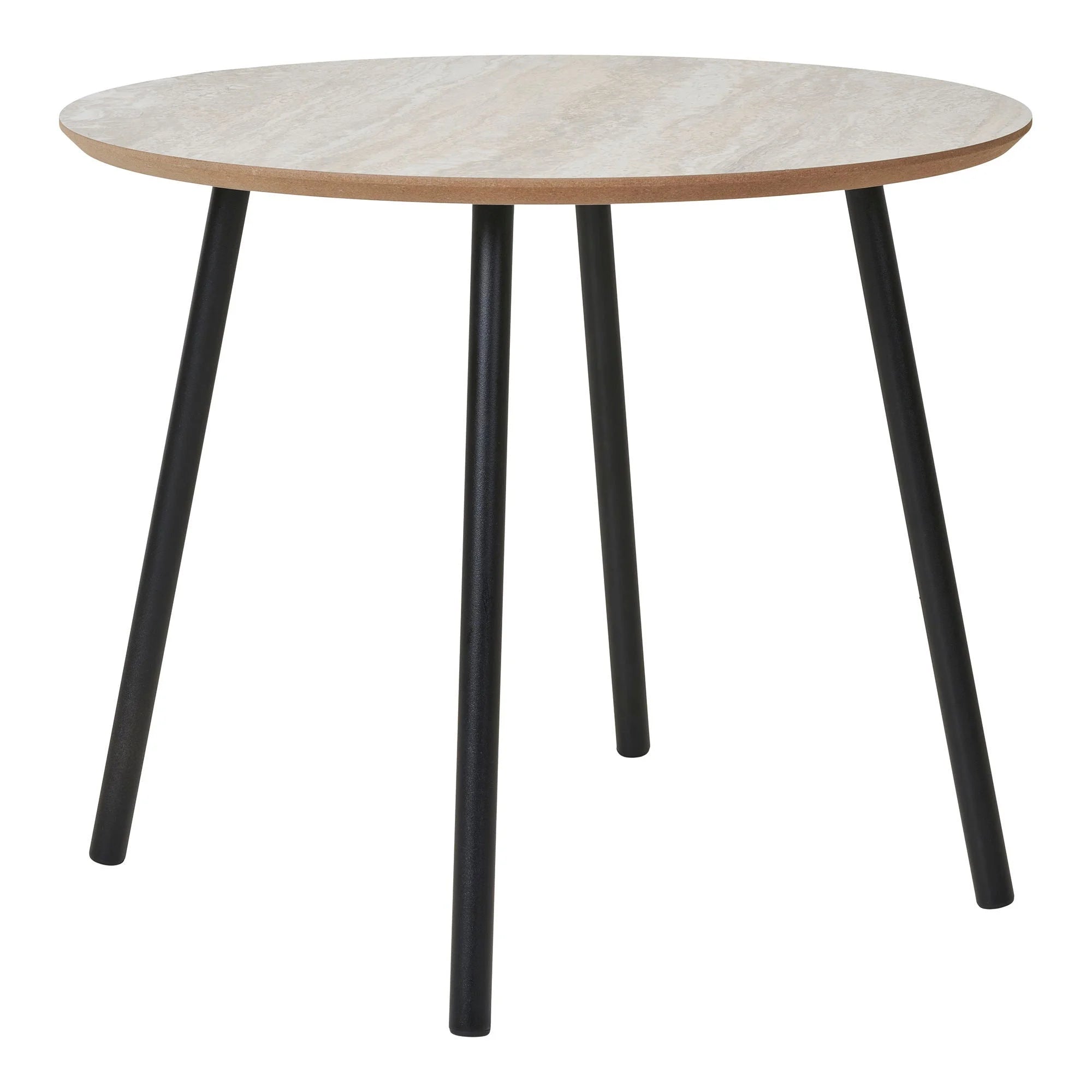 Table basse ronde aspect travertin avec pieds noirs en métal, diamètre 55 cm