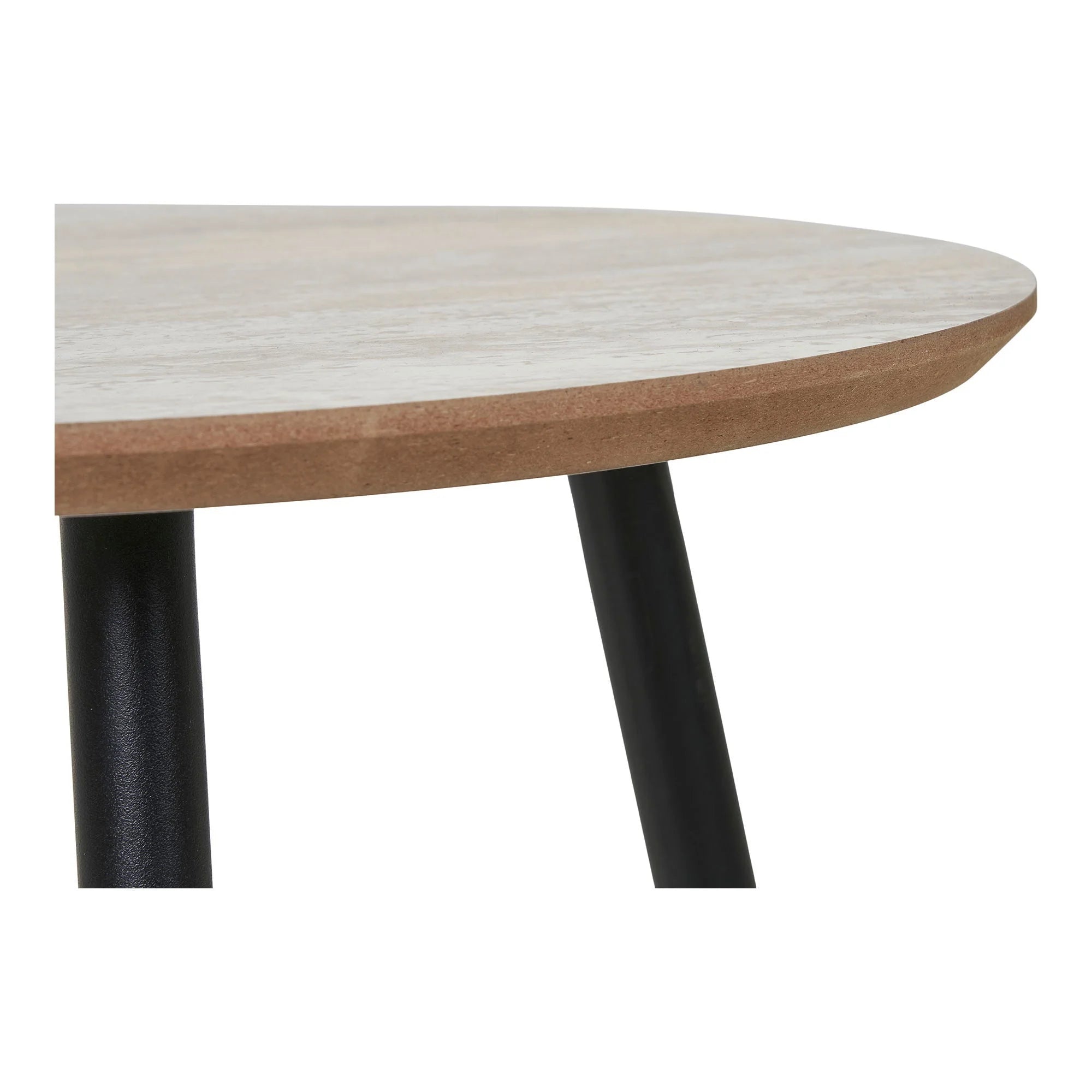 Table basse ronde en aspect travertin avec pieds noirs en métal, diamètre 55 cm