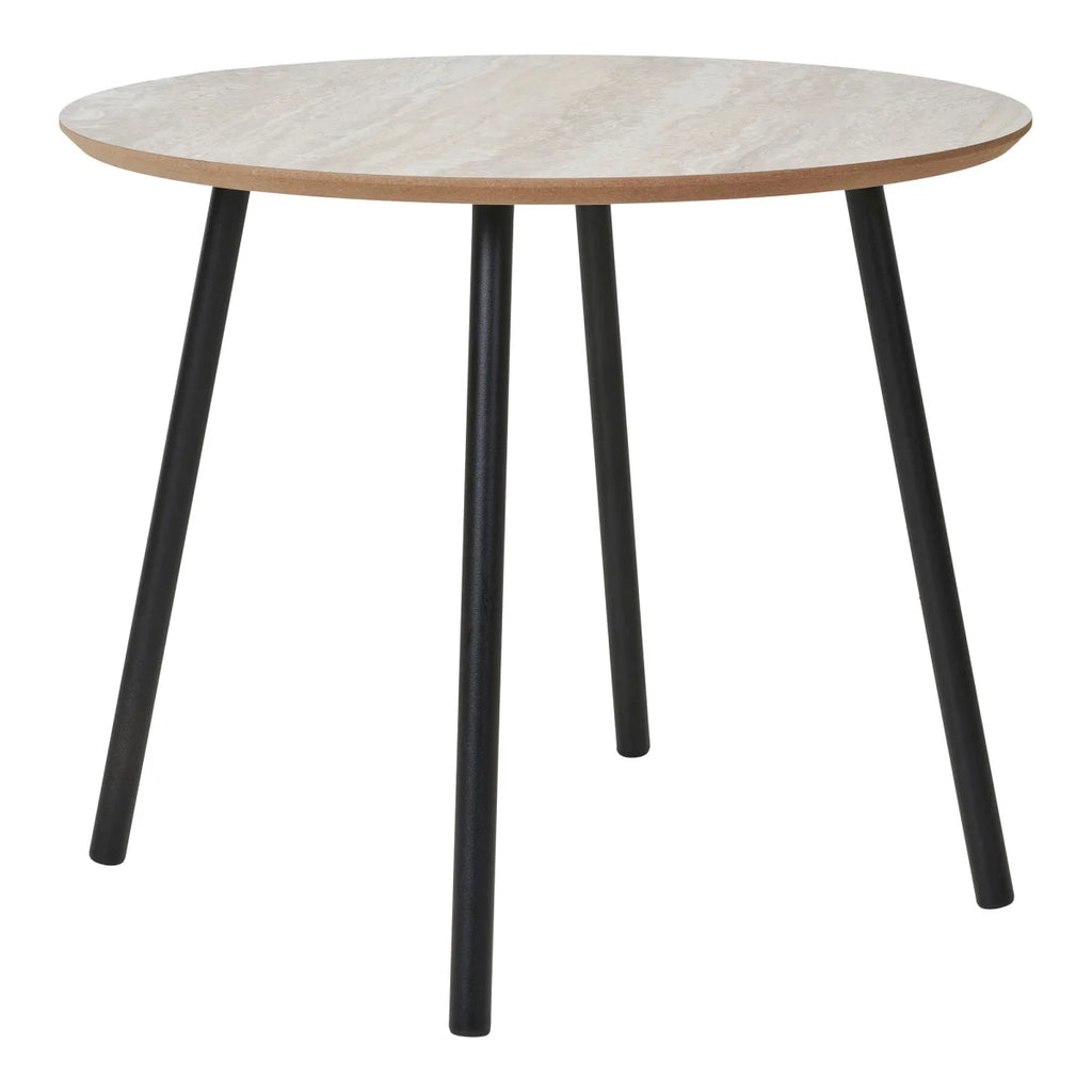 Table basse ronde aspect travertin, pieds noirs en métal, Ø55 cm