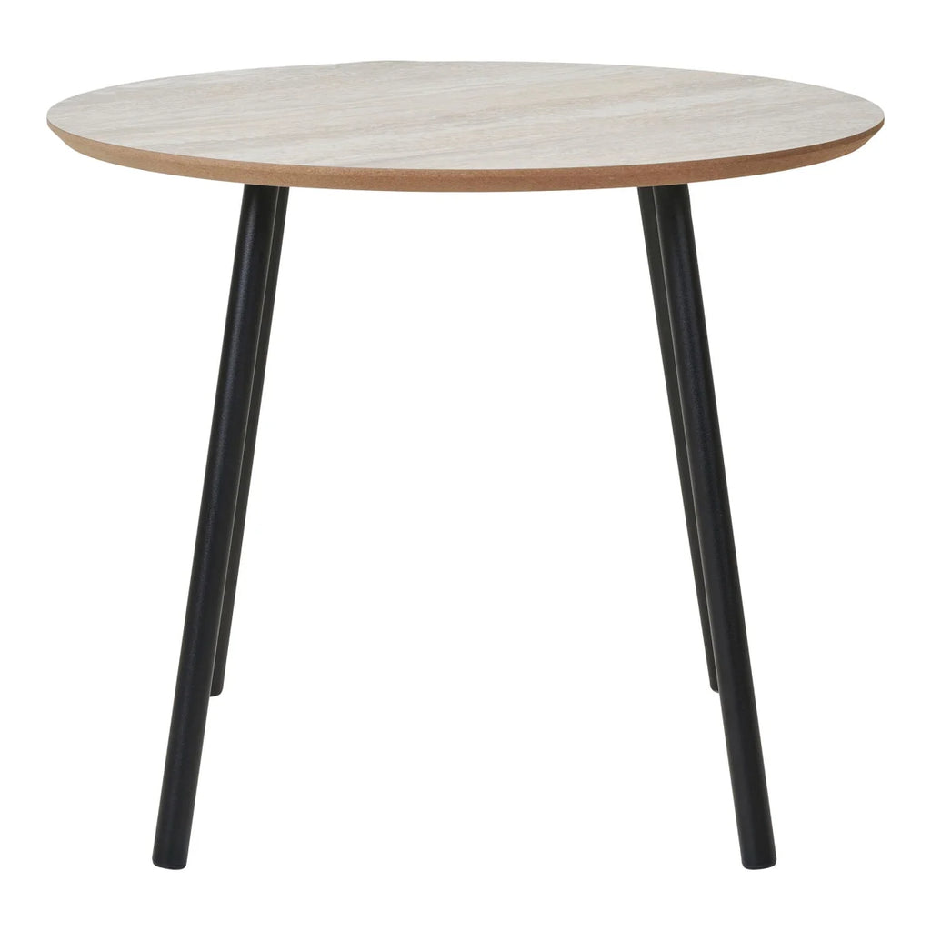 Table basse ronde aspect travertin, pieds noirs en métal, Ø55 cm