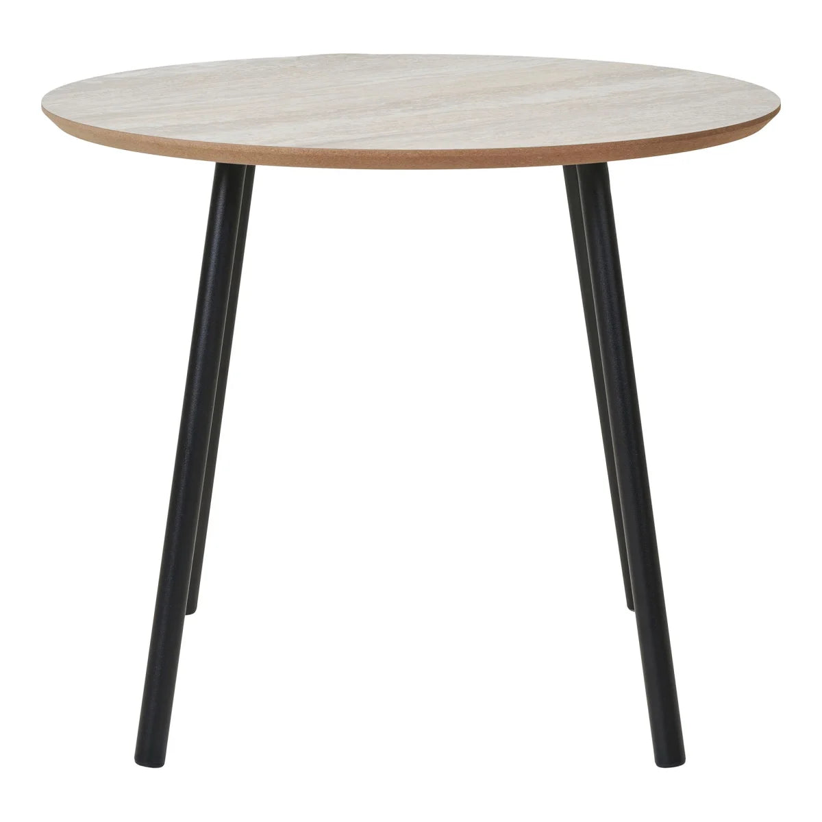 Table basse ronde aspect travertin, pieds noirs en métal, Ø55 cm