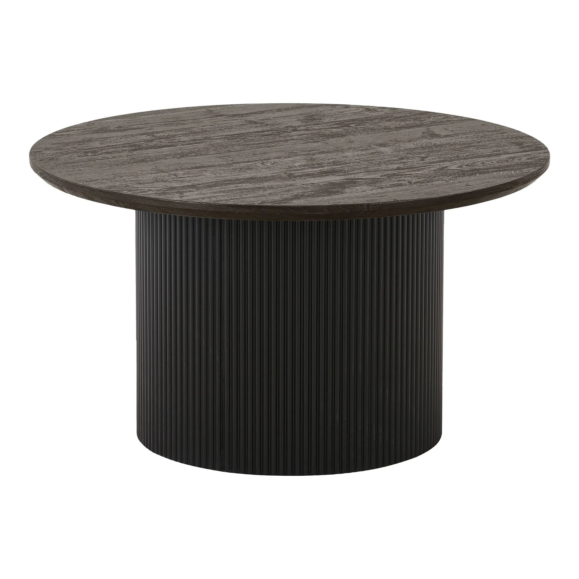 Table basse ronde en bois foncé avec base noire rainurée, diamètre 80 cm