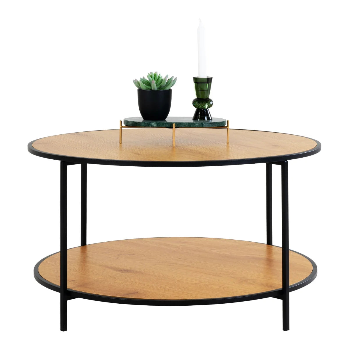 Table basse ronde bois clair et métal noir Ø80 cm