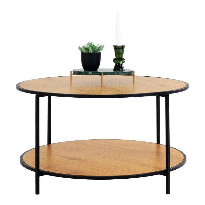 Table basse ronde bois clair et métal noir Ø80 cm