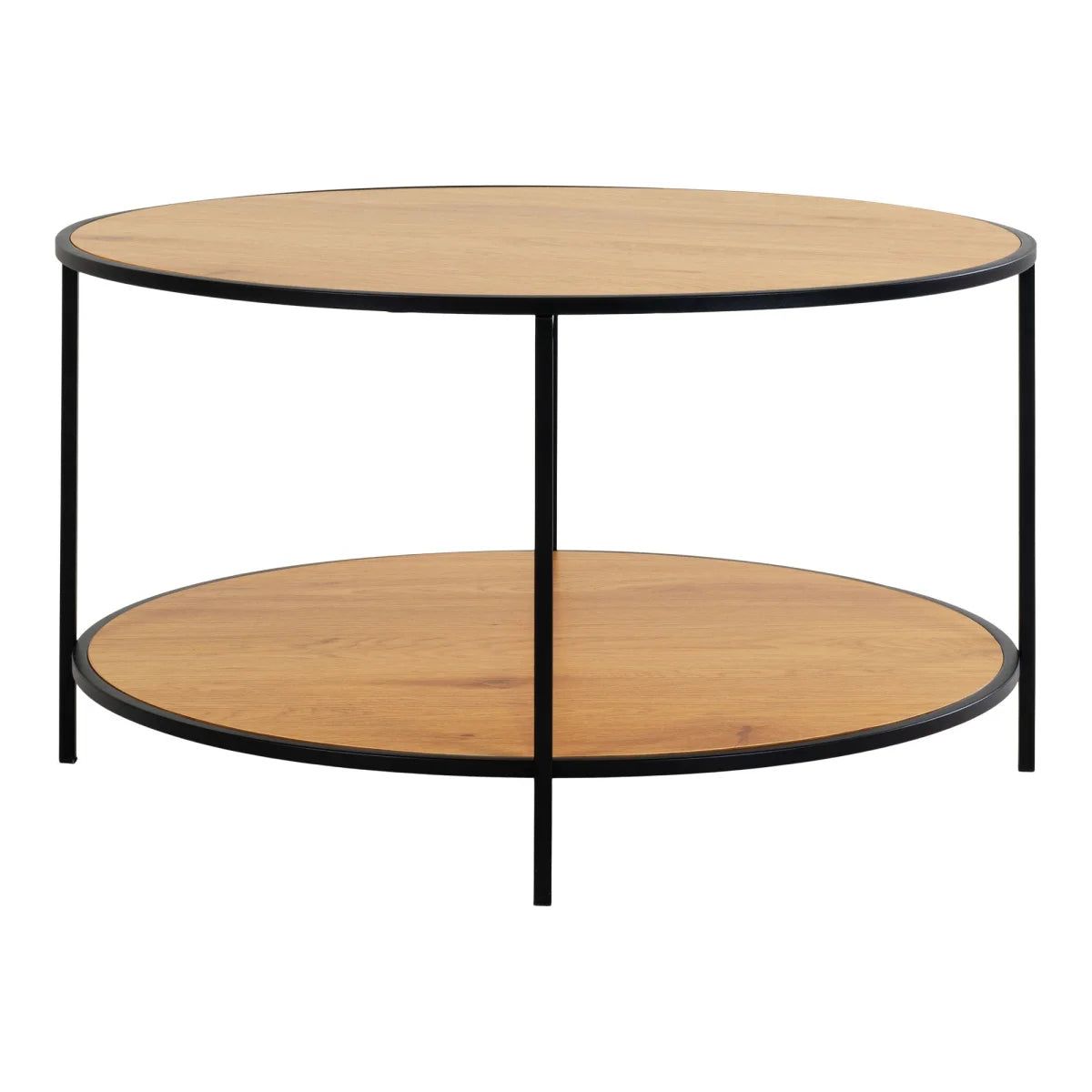 Table basse ronde en bois clair et métal noir Ø80 cm avec étagères circulaires