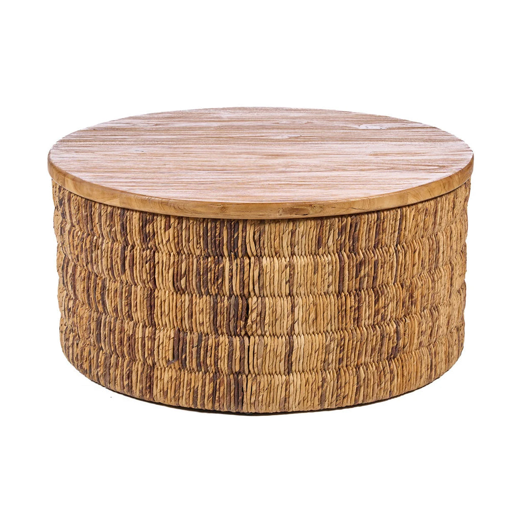 Table basse ronde en bois et fibres tressées naturelle, Ø80 cm