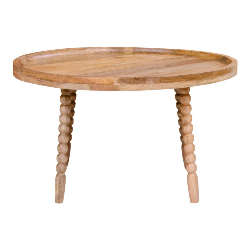Table basse ronde en bois de manguier clair avec pieds perles Ø60 cm