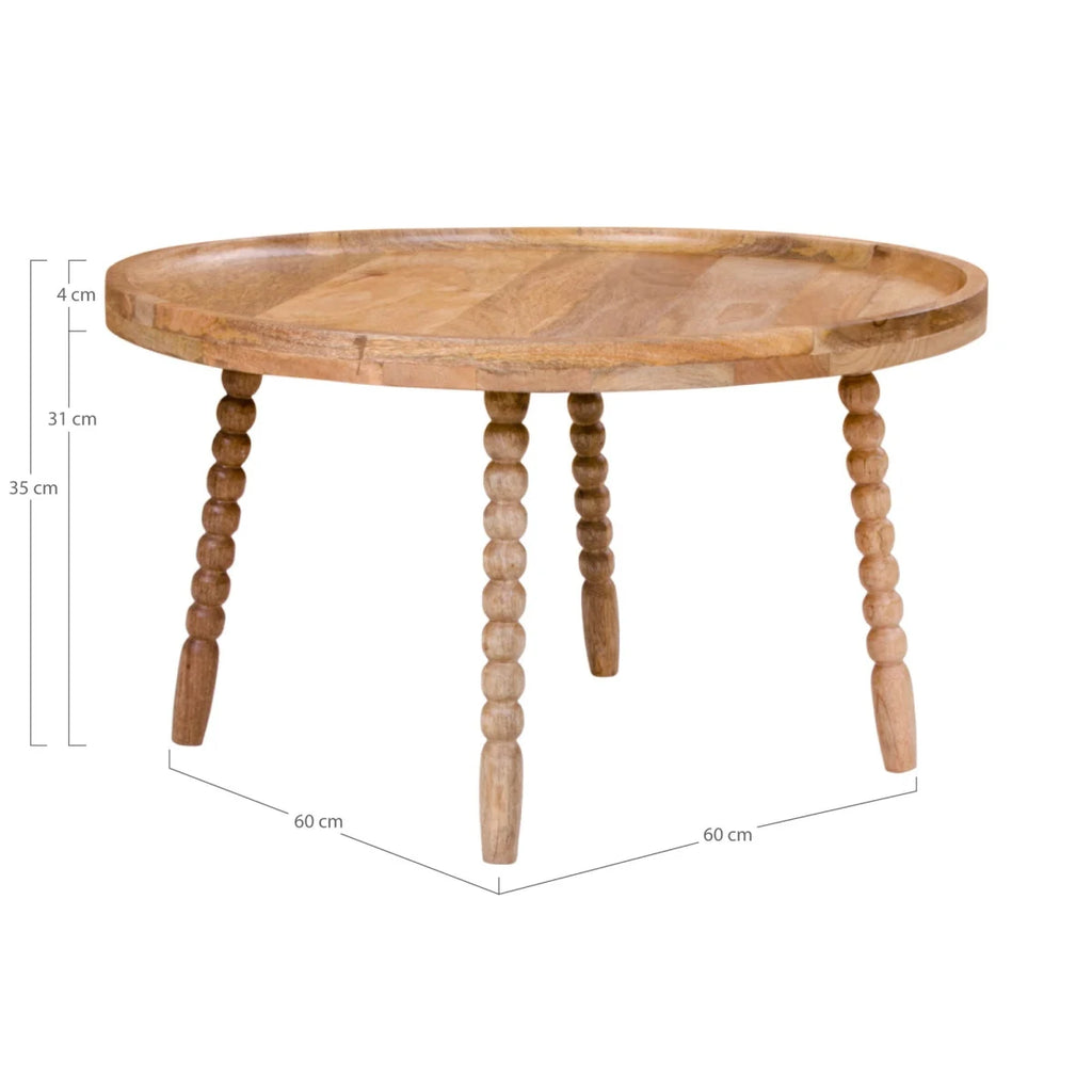 Table basse ronde en bois de manguier clair avec pieds perles Ø60 cm