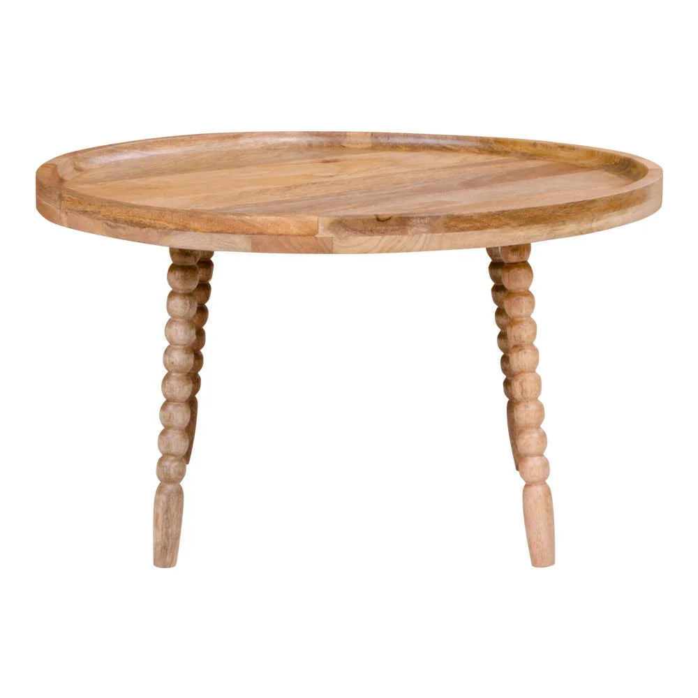 Table basse ronde en bois de manguier clair avec plateau tray et pieds perles