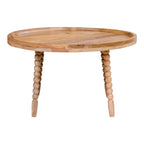 Table basse ronde en bois de manguier clair avec plateau tray et pieds perles