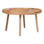 Table basse ronde en bois de manguier clair avec pieds bobines, diamètre 60 cm