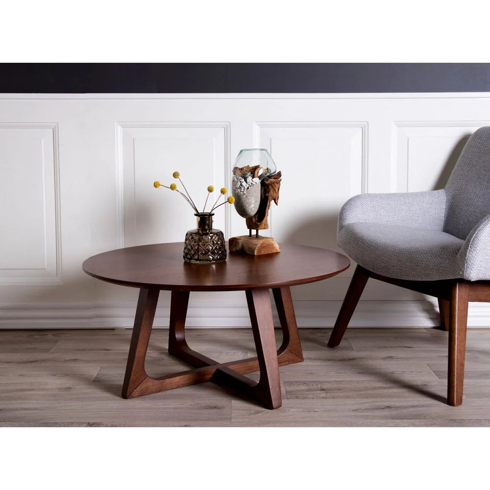 Table basse ronde en bois placage noyer brun avec pieds triangulaires, diamètre 75 cm