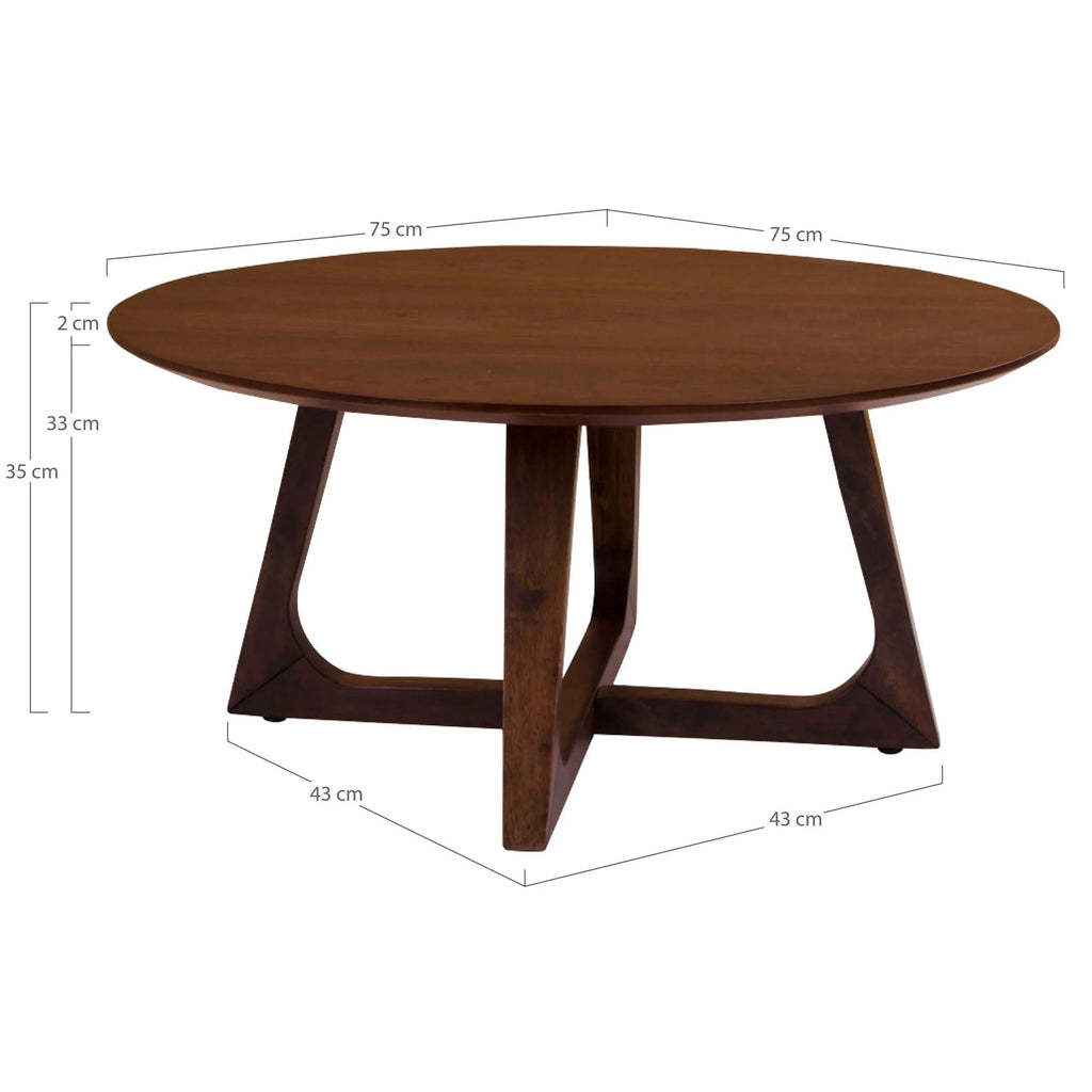 Table basse ronde en bois placage noyer brun avec pieds triangulaires, diamètre 75 cm