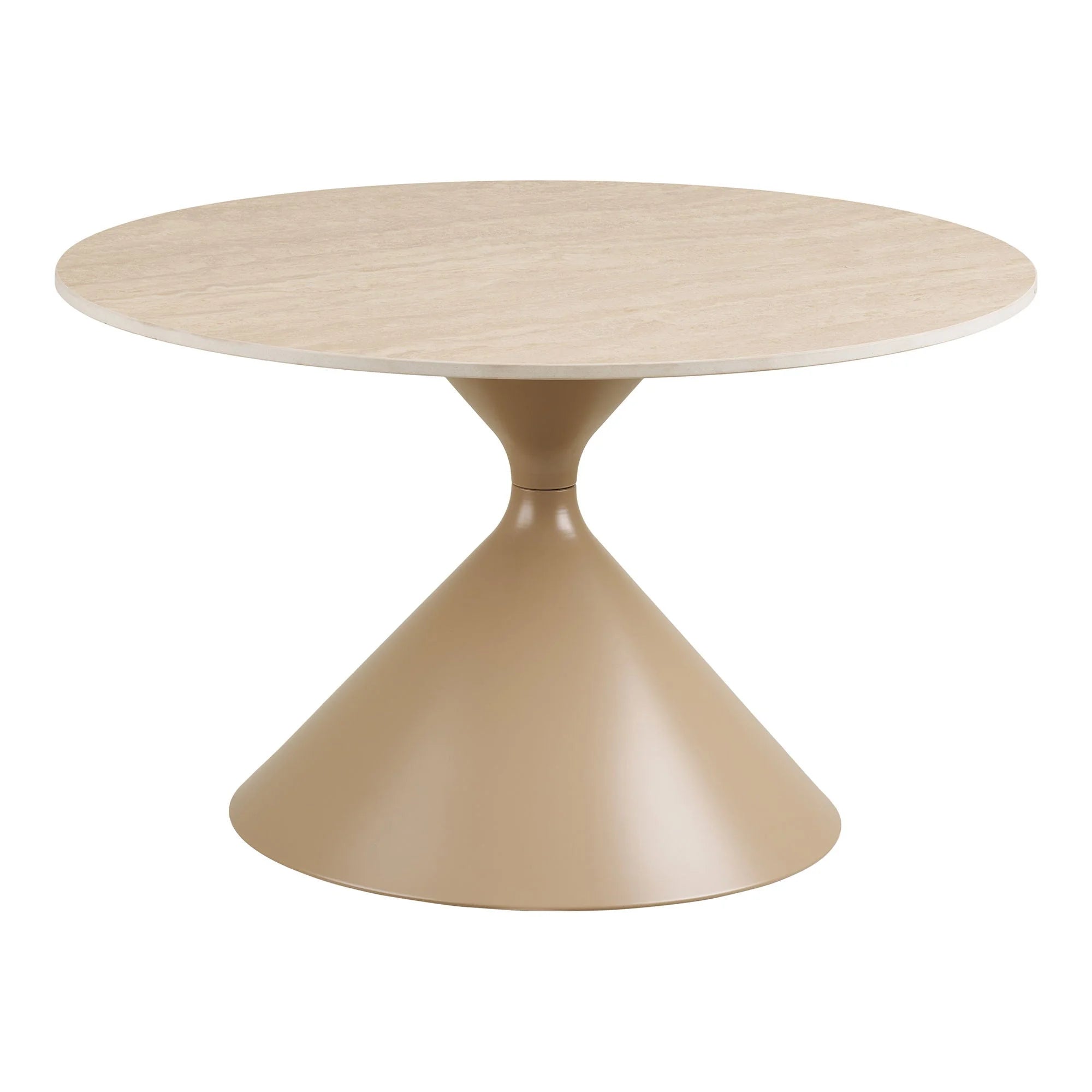 Table basse ronde sable effet travertin, pied conique acier Ø70 cm