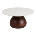 Table basse ronde en marbre blanc et bois foncé, piètement galbé Ø70 cm