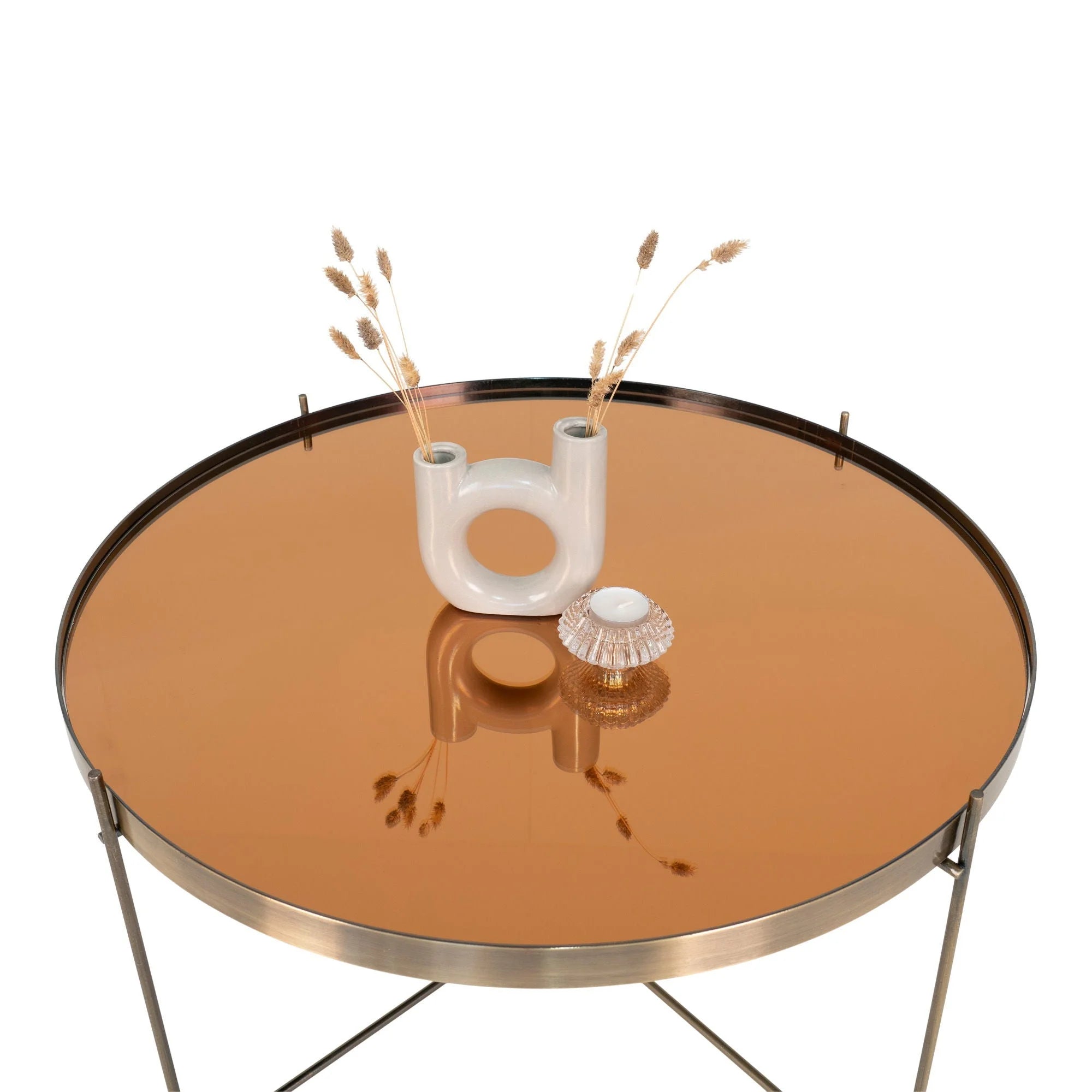 Table basse ronde en métal doré avec miroir, diamètre 70 cm, hauteur 40 cm